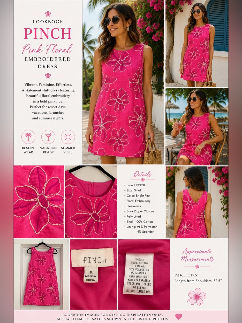 🌺 PINCH Pink Floral Embroidered Cotton Shift Dress | Small | Resort Chic